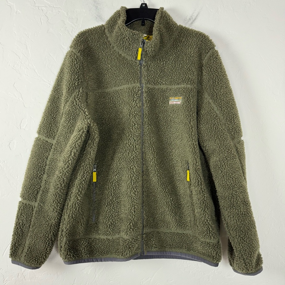 LL Bean Coat Jacket Sweatshirt Fleece Full Zip Green Dark Solid Fuzzy Sherpa